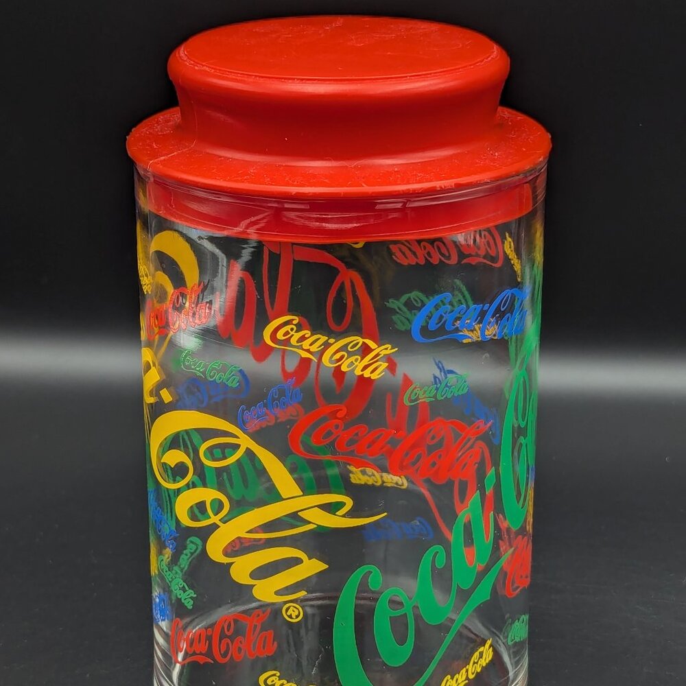 Multicolor Coca Cola Classic Logo Glass Canister Jar with Plastic Red Lid